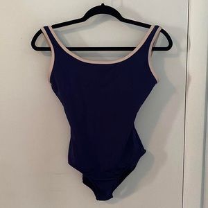 royal/navy blue Mariia tank leotard with pale pink trim
